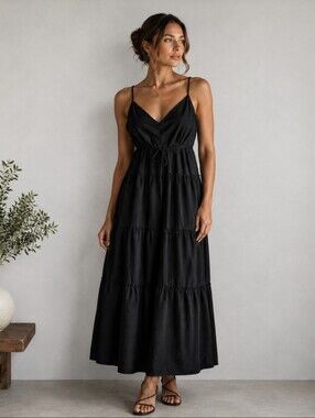 BCBGMaxAzria Black Tiered V‑Neck Maxi with Spaghetti Straps